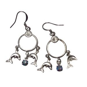 Silver tone Dolphin Earrings with Crystal.
